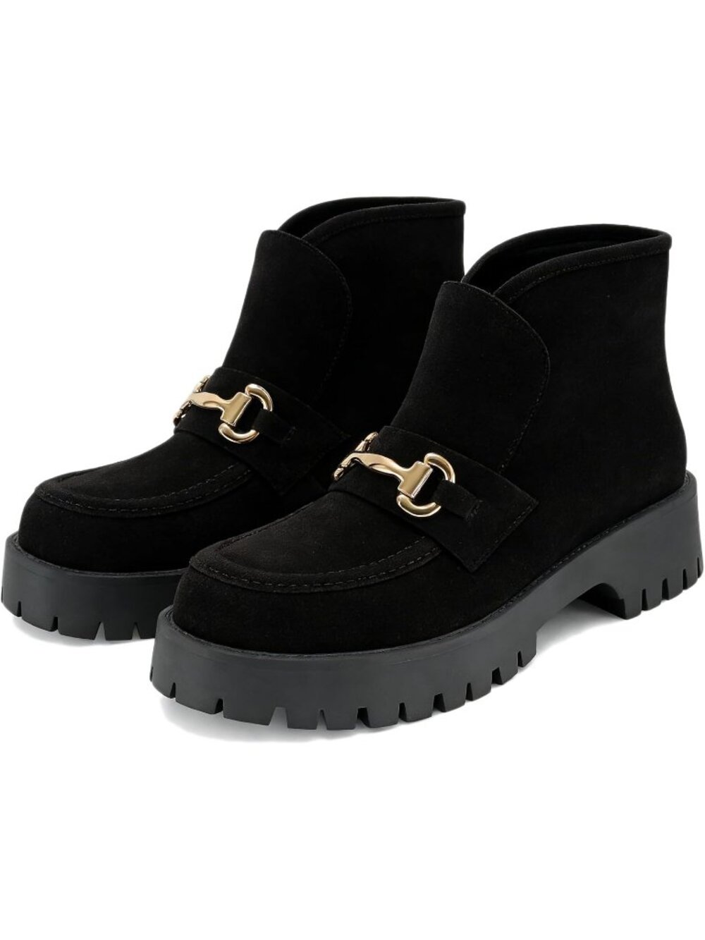 Women's Black Suede Platform Chunky Heel Loafer Booties Slip On Short Boots